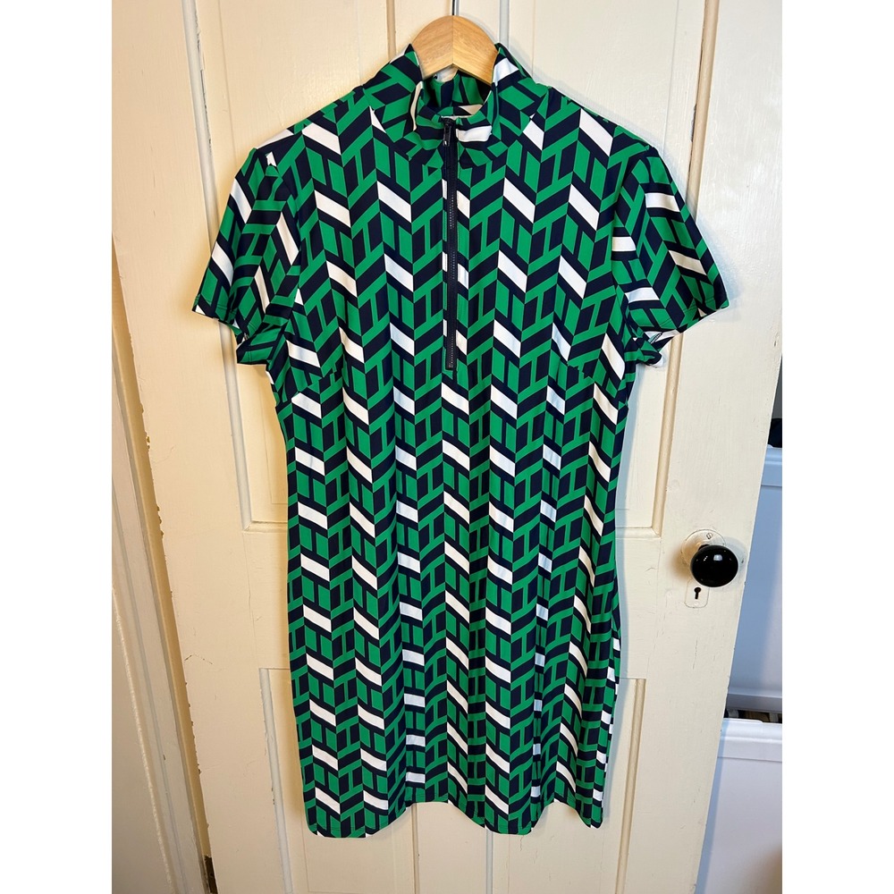 Jude Connally Ella Dress Geo Block Navy Green White Mock Neck Zip Front Large